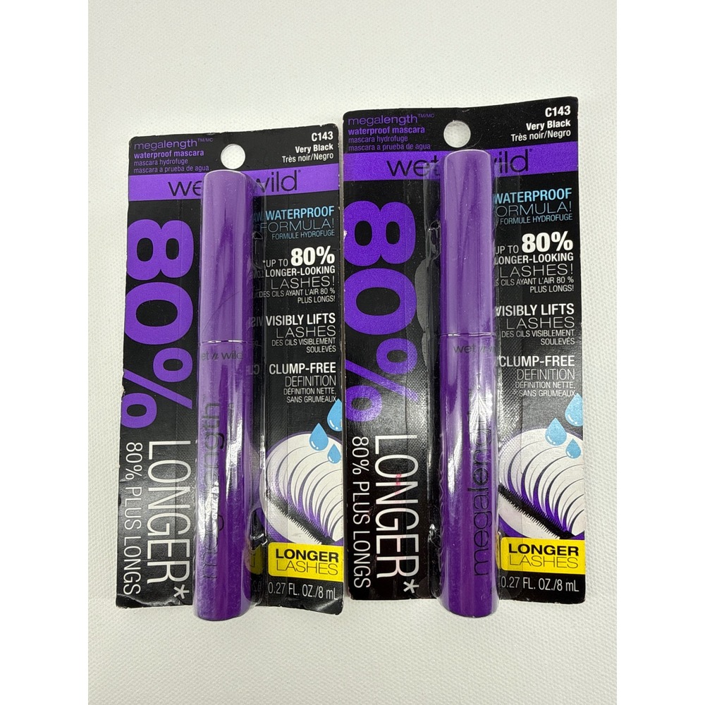 2 Pack Wet n Wild MegaLength Waterproof Mascara Very Black C143 Lengthening 8ml